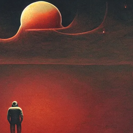 Prompt: ultra realistic, astronaut looking up at big eerie hell cathedral on a destroyed planet, Zdzisław Beksiński style, black and red background, occult, photo realistic, dark atmosphere