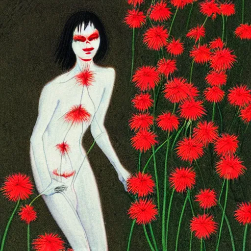 Image similar to death incarnated as a person amidst red spider lilies