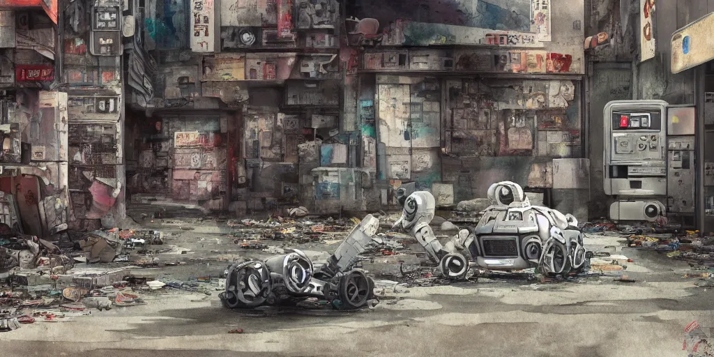 Image similar to a broken robot lying in a deserted shinjuku junk town, watercolor, ghost in the shell, soft bloom lighting, paper texture, bright sun bleached ground, vending machine, robot lurks in the background, koji morimoto, katsuya terada, genius party, animatronic, black smoke, pale, beige sky pencil marks, hd, 4k, remaster, dynamic camera angle, fish eye, dynamic scene