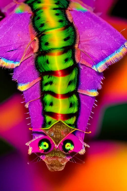 Image similar to high quality macro photo multicolored puss moth caterpillar! gorgeous highly detailed hannah yata elson peter cinematic lighting high quality low angle hd 8k sharp shallow depth of field