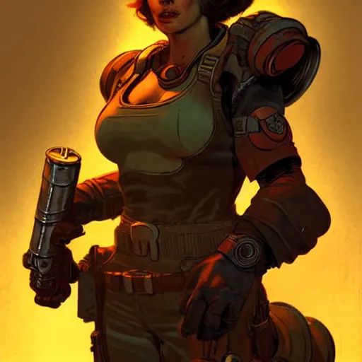 Image similar to fallout 5 concept art, female protagonist and feline companion, atmospheric lighting, painted, intricate, volumetric lighting, beautiful, gritty, rich deep colours masterpiece, sharp focus, ultra detailed by jack kirby, ignacio fernandez rios, thierry doizon