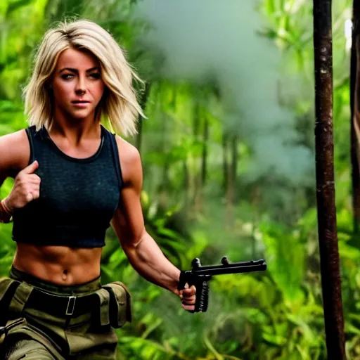 Image similar to cinematic action scene with julianne hough as a commando in the jungle, crop top, boy shorts, boots, dramatic smoke, still frame