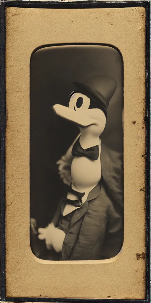 Prompt: facial portrait of donald duck, 1 9 2 1, ambrotype, by george s. cook, award winning