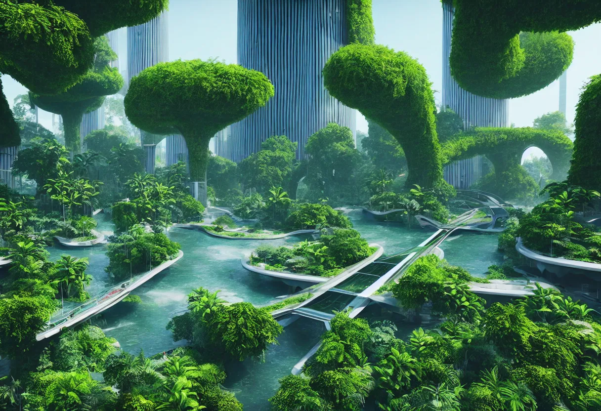 Image similar to futuristic architecture by norman foster, multi storey, connecting bridges, covered in lush foliage, surreal, ethereal bohemian garden, middle of gardens, cinematic shot, central square water feature, building inside the water, unreal engine, photorealistic, octane render