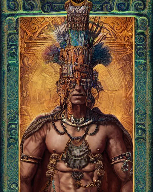 Image similar to digital painting of a mayan batab by filipe pagliuso and justin gerard, symmetric, fantasy, highly detailed, realistic, intricate, portrait, sharp focus, tarot card