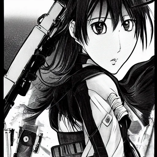 Image similar to manga style, black and white, thin line art, portrait of girl, shoulder eyes, trench and sandbags in background, soldier clothing, military gear, short hair, hair down, symmetrical facial features, round face, 4 k, detailed drawing, by kohei horikoshi, hiromu arakawa, alphonse mucha, greg rutkowski