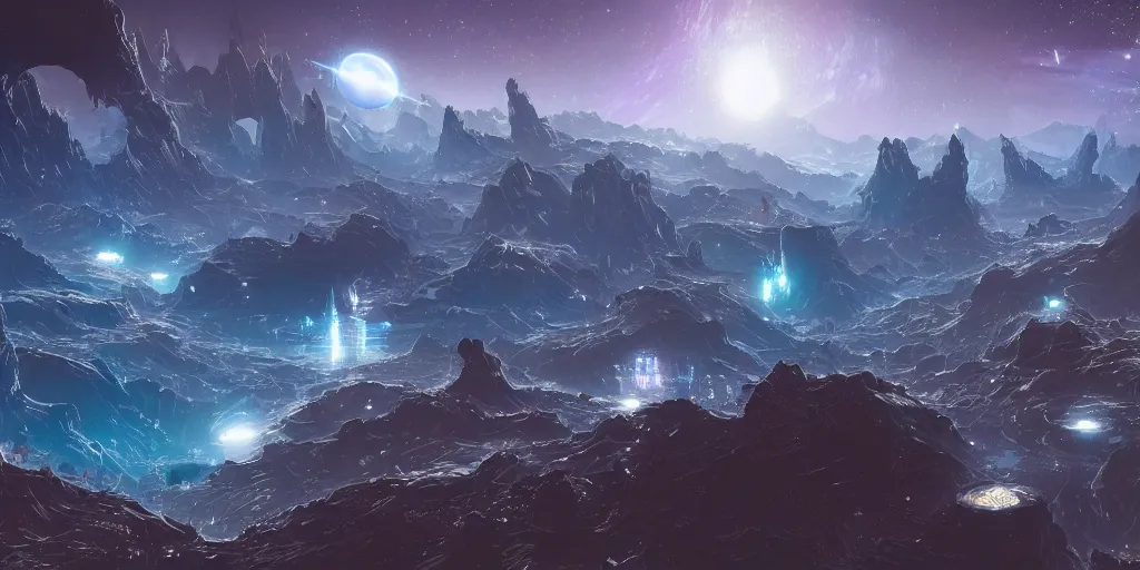 Image similar to a highly detailed cyber punk planet with nebula rivers and galaxy mountains