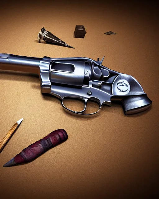 Image similar to realistic detailed revolver, matte painting, western, high production value, intricate details, high resolution, hyperrealistic, hdr, high definition, masterpiece, ultra realistic, highly detailed, hd, sharp focus, cinematic lighting, shaded, non blurry, sharp, smooth