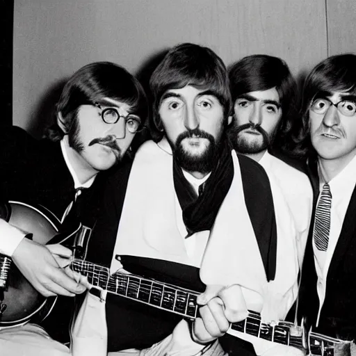 Prompt: the Beatles in the studio in the 70s, promotional photos, writing new songs for their new album