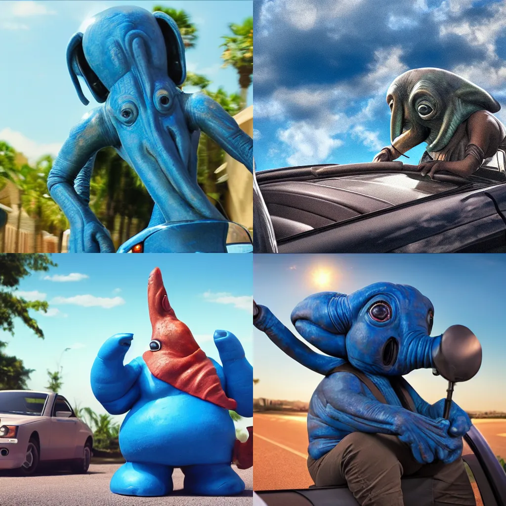 Prompt: Max Rebo driving a convertible, 4k, DSLR photo, hyperrealistic