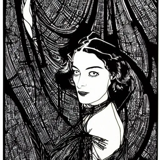 Image similar to illustration or margot robbie in black and white by harry clarke