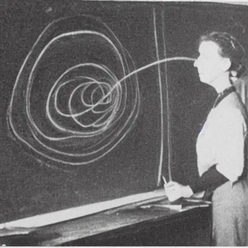 Prompt: a 1900s grainy photo of a university's teacher drawing a black hole on the board