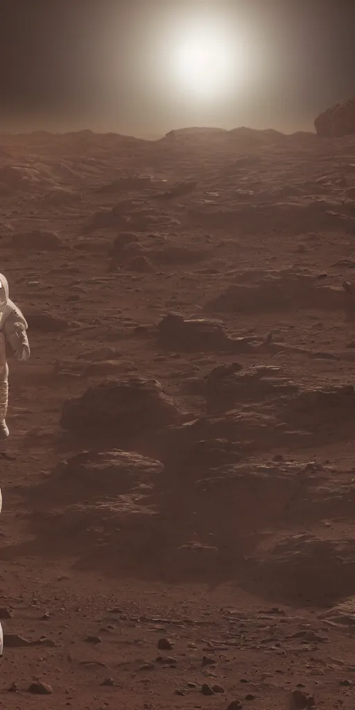 Image similar to concept art, an american astronaut in the distance + a new lightweight spacesuit landing on mars, musk's mars migration program, cyberpunk, backlight, epic, high detail, 8 k, octane rendering, unreal engine.