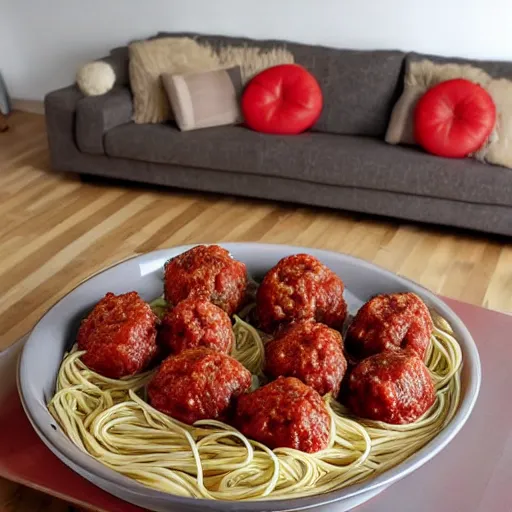 Image similar to spaghetti and meatballs shaped into a living room set