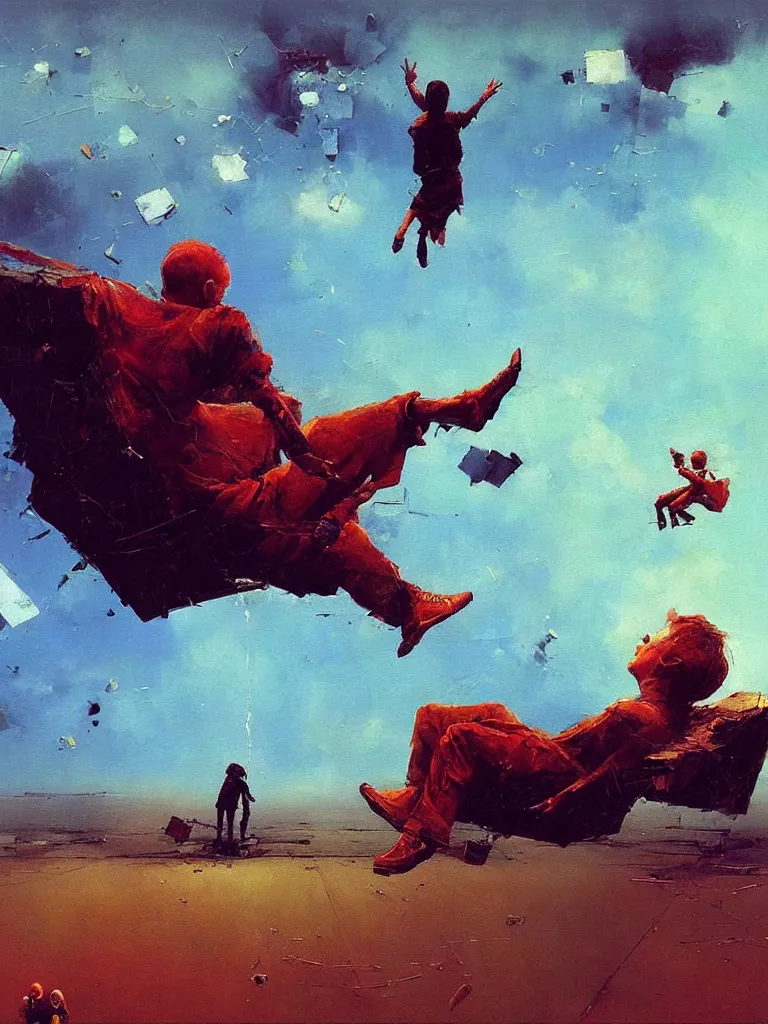 Prompt: glitched boy flying in skies , old couple sitting on a couch, psx game graphics , thick oil painting by Adrian Ghenie Beksinski painting