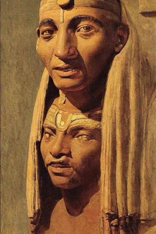 Image similar to a closer personal portrait of a a very old egyptian temple mage with very piercing eyes, very charismatic. in ancient egypt. masterpiece, ciaroscuro. painted by carl larsson