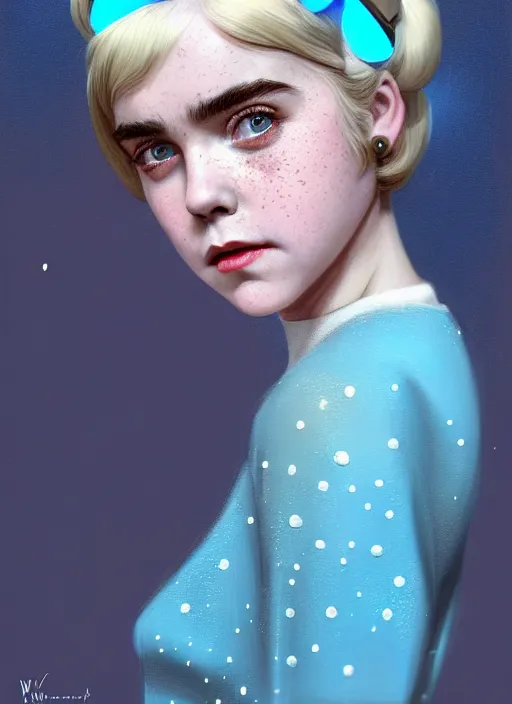 Image similar to portrait of kiernan shipka with freckles, white hair, big 1 9 6 0 s bob hairstyle with bangs and hairband, blue 1 9 6 0 s dress, intricate, elegant, glowing lights, highly detailed, digital painting, artstation, concept art, smooth, sharp focus, illustration, art by wlop, mars ravelo and greg rutkowski