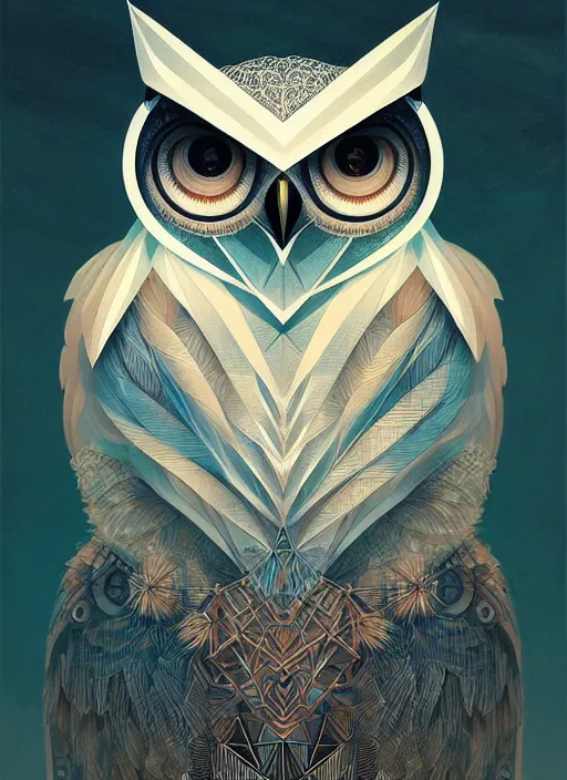 Image similar to portrait of a geometric owl, identical eyes, medium shot, illustration, full body made of white feathers, symmetrical, art stand, super detailed, cinematic lighting, and its detailed and intricate, gorgeous, by peter mohrbacher