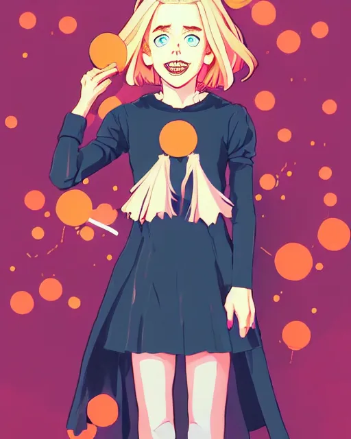 Prompt: full body beautiful anime witch Kiernan Shipka smiling, full body pose, symmetrical face symmetrical eyes, blurry background, Jamie McKelvie comic art, Alexandra Fomina artstation, face by Ilya Kushinov style, style by Loish, Norman Rockwell, painterly style, flat illustration