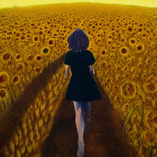 Image similar to giant yellow sunflower face, girl walking in wheat field, hills, surreal photography, dark night, star trails, dramatic light, impressionist painting, clouds, digital painting, artstation, simon stalenhag