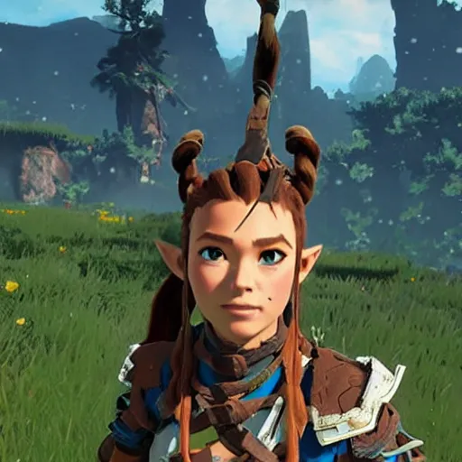 Prompt: Aloy from Horizon Zero Dawn in The Legend of Zelda Breath of the Wild