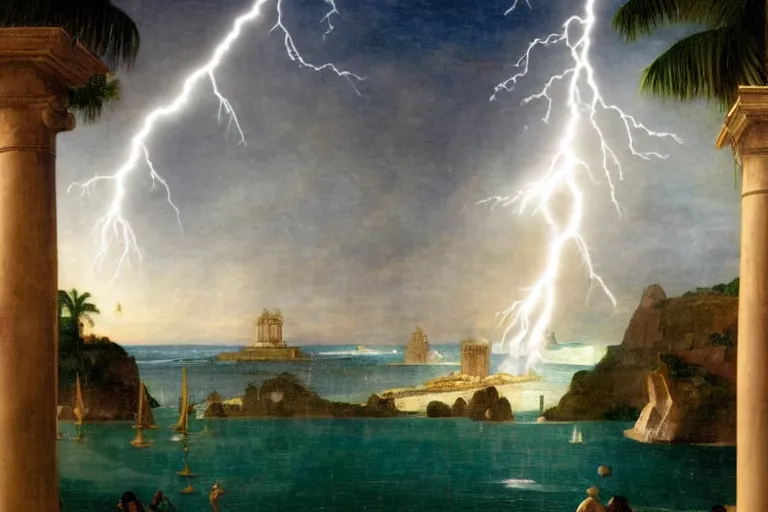 Image similar to mediterranean balustrade and palace columns, refracted lightnings on the ocean, thunderstorm, tarot cards characters, beach and Tropical vegetation on the background major arcana sky and occult symbols, by paul delaroche, hyperrealistic 4k uhd, award-winning, very detailed paradise