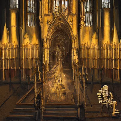 Image similar to Human skeleton, skeleton knight, majesty in noble clothes, king resting on a throne inside a cathedral, old castle, oil painting, by Fernanda Suarez and Greg Rutkowski