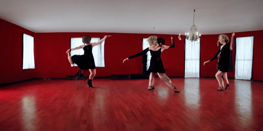 Image similar to laura palmer and kendall roy are dancing in the red room. minimal, chevron floor, twin peaks, strange