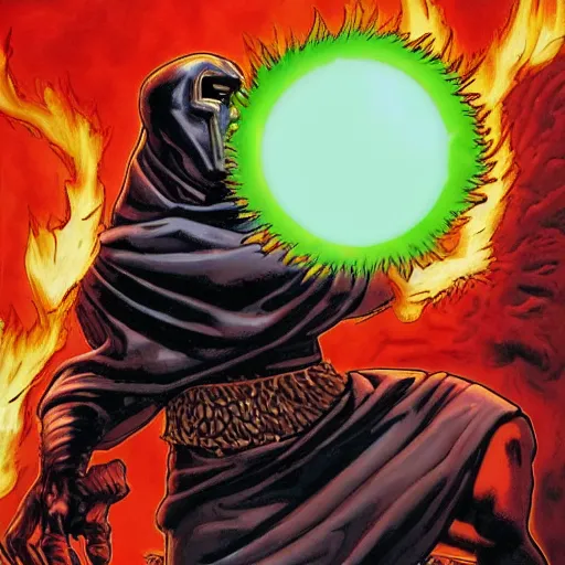 Prompt: Sumerian Dr Doom burning the world