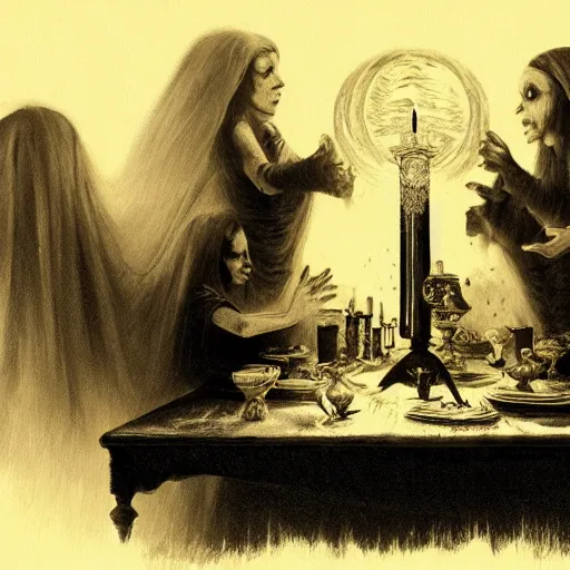 Prompt: a Victorian seance around a wooden table with crystal ball and ectoplasm and spirit manifestations, concept art, very detailed, 8K, horror, spooky, gothic, trending on artstation