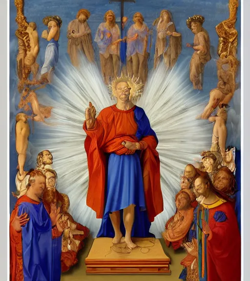 Image similar to hank hill wearing a white toga, emerging from blue fire, surrounded by blue flames, renaissance religious painting, late gothic religious paintings, byzantine religious art, painting by duccio di buoninsegna and carlo crivelli, detailed, trending on artstation