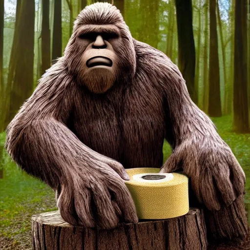 Prompt: bigfoot sitting on a stump holding rolls and rolls of toilet paper