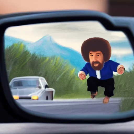 Image similar to a tiny screaming bob ross chasing you in rear view mirror