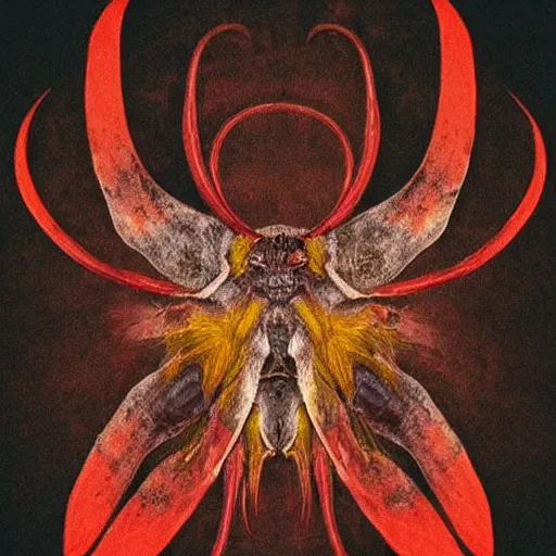 Image similar to “an ancient, demonic moth with bones coming out of its body, dark red mist swirling around”