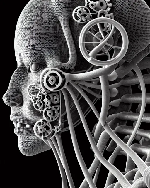 Prompt: mythical black and white organic biomechanical spinal ribbed face portrait detail of mechanical vegetal-cyborg, highly detailed, intricate ornate, 3D render digital art, octane render, 8K artistic photography, photorealistic