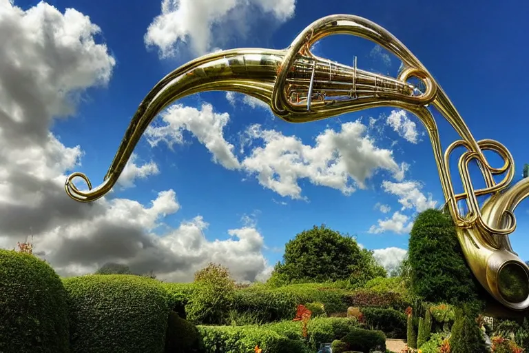 Image similar to a huge flock of many intricate elegant french horn cloud sculptures, art nouveau garden environment, soothing, milky way, award winning art, epic dreamlike fantasy landscape, ultra realistic,