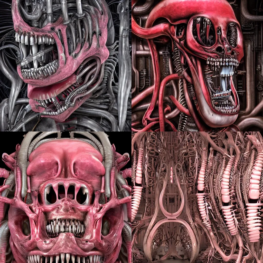 Prompt: hr giger highly detailed anatomical biomechanical industrial factory made to chew object via teeth, biomechanical xenomorph machine made of teeth red gums pink sinew red muscle, disturbing biohorror saliva, cinematic 3 d render unreal engine, photorealistic, volumetric lighting, painted by hr giger, designed by hr giger, red pink white steel