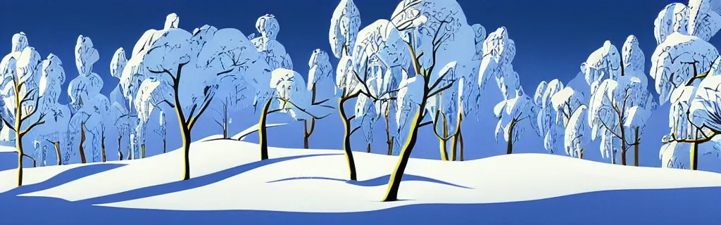 Prompt: snow, gold and white tones, animated film, stylised, illustration, by eyvind earle, scott wills, genndy tartakovski