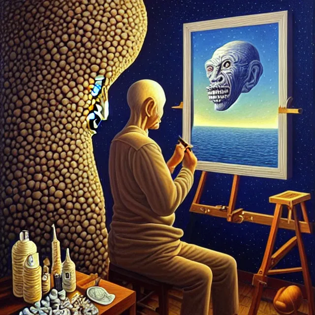 Image similar to an oil on canvas portrait of a man painting a portrait of a monster, surrealism, surrealist, cosmic horror, rob gonsalves, high detail