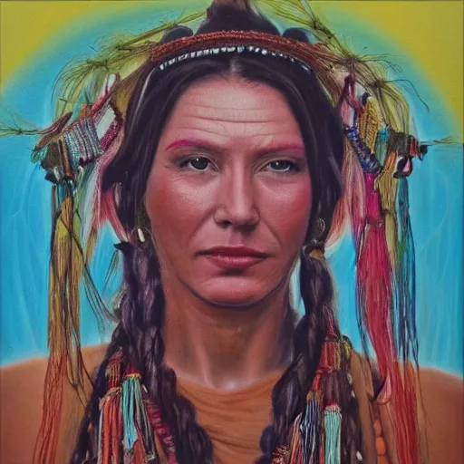 Prompt: painting of beautiful woman, shaman, shamanic atmo, hyperrealistc, realism