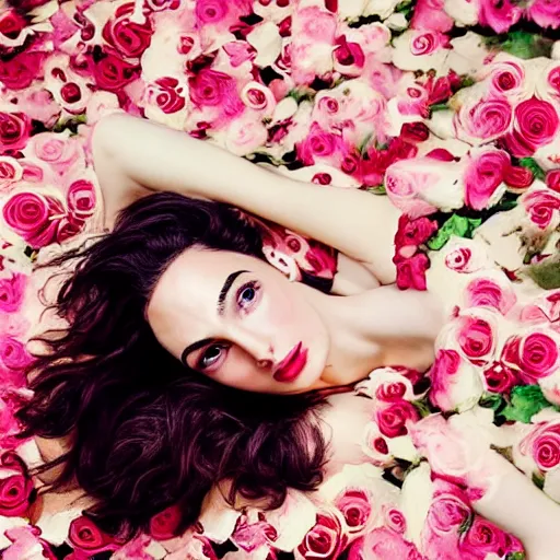 Prompt: fine art photo of the beauty gal gadot, she is on the floor and merging from pink roses, taken by oleg oprisco