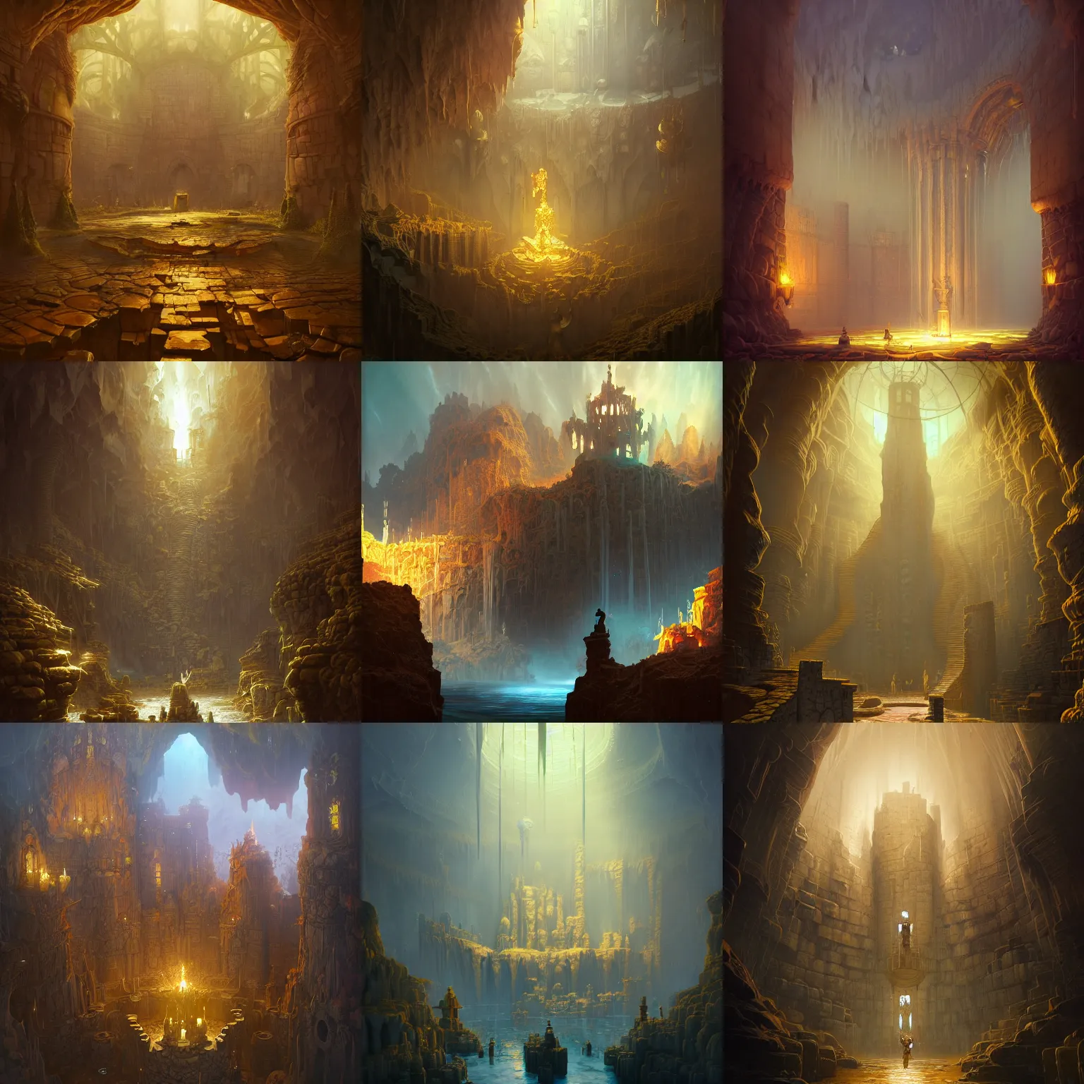 Prompt: dungeon in a golden bank, water spilling from the giant walls, crystal pillars, by peter mohrbacher dan mumford craig mullins nekro, cgsociety, pixiv, volumetric light, 3 d render