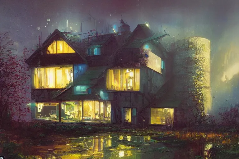 Image similar to cyberpunk, an estate agent listing photo, external view of a 5 bedroom detached countryside house in the UK, by Paul Lehr