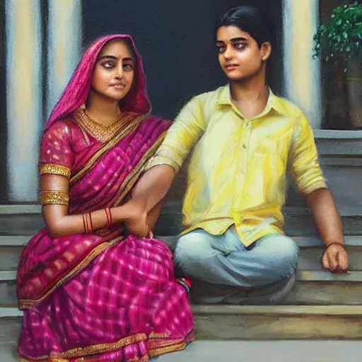 Prompt: beautiful young indian sister and brother, both sitting together holding hands on the steps of their house front entrance. happy raksha bandhan theme. high detailed oil painting by charlie bowater