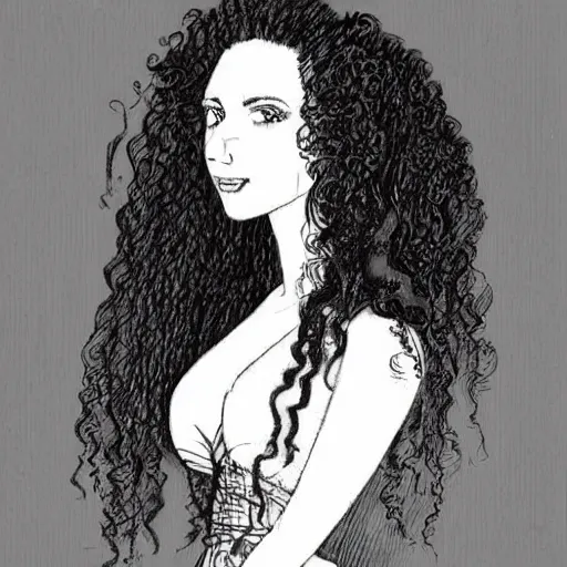 Image similar to a black and white drawing of a woman with long curly hair using a dress