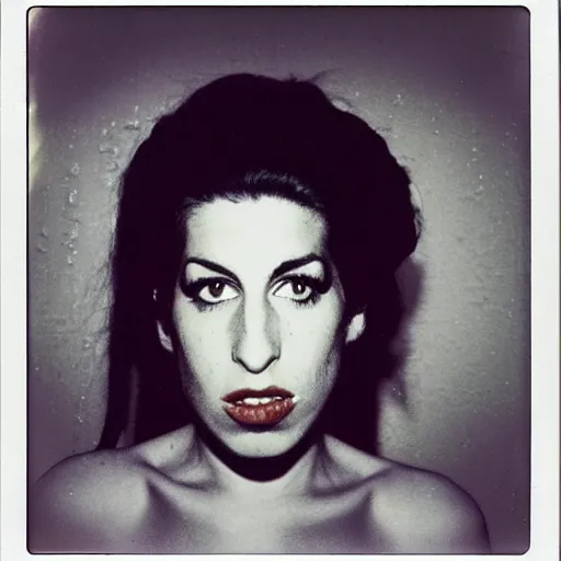 Image similar to polaroid of amy winehouse on a rainy night in the east village at night, raining!