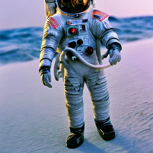 Image similar to a beautiful photo of an astronaut on the beach in the summer, 1 9 7 0, soft light, morning light, photorealistic, realistic, octane, 8 k, cinematic shot