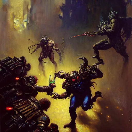 Image similar to portrait of a mark zuckerberg fighting goblins. shadowrun furaffiniy cyberpunk fantasy highly detailed painting by gaston bussiere craig mullins jc leyendecker gustav klimt artgerm greg rutkowski john berkey, bergey, craig mullins, ruan jia, raymond swanland, jeremy mann, tom lovell, alex malveda