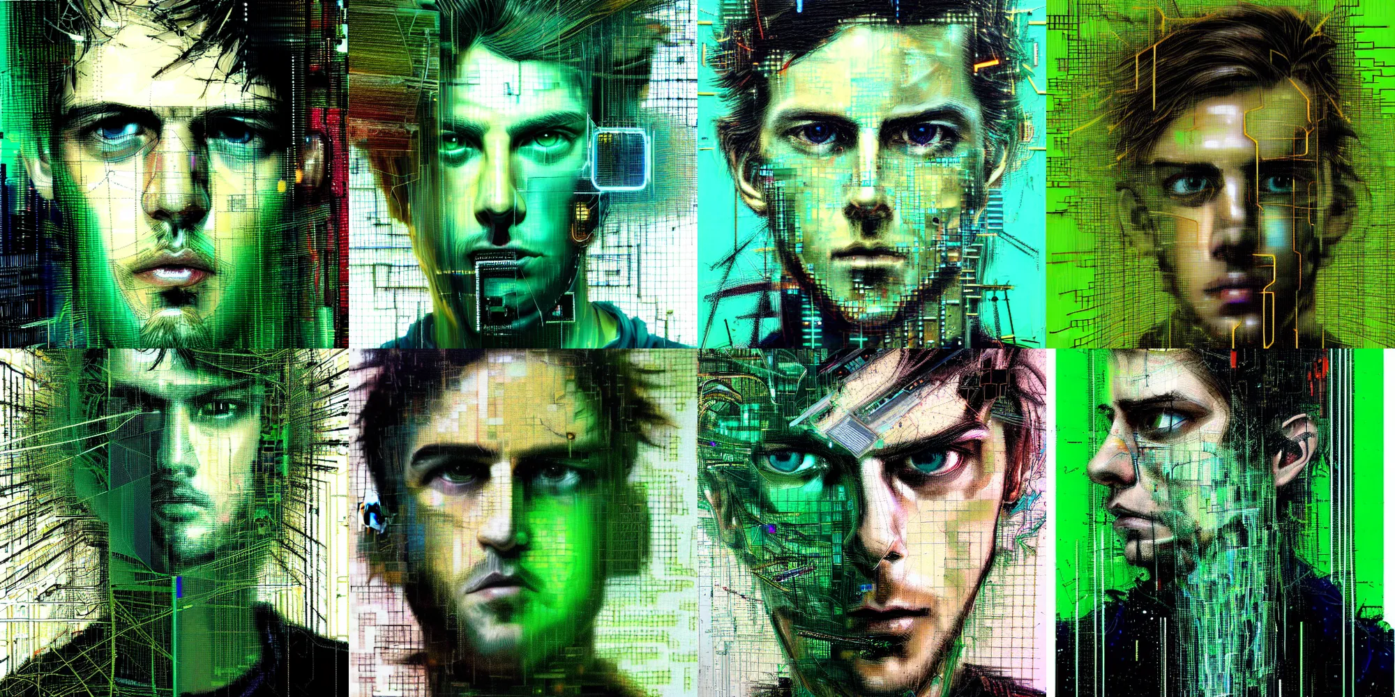 Prompt: hyperrealistic portrait of a cyberpunk teenager, male, medium hair, confident, cybernetics, immersed within a glitch network, by Guy Denning, Derek Gores, Russ Mills, glitch art, hyper focus, fine detail, fined detail, polished, complex, hacking effects, digital tech effects, chromatic, color blocking!, green, realistic, acrylic on canvas, concept art, abstract, trending on cgsociety, trending on artstation