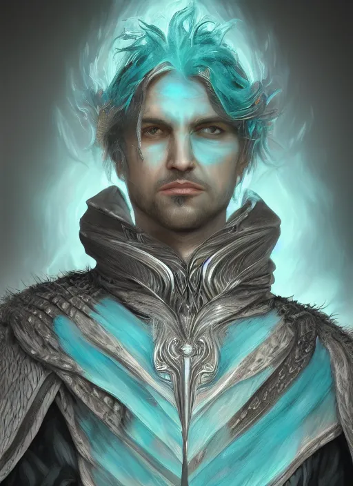 Prompt: an epic fantastic realism comic book style portrait painting of an aasimar hexblade warlock, teal energy, male, grand angel wings, silver hair, short beard, cloak, d & d concept art, unreal 5, daz, hyperrealistic, octane render, cosplay, rpg portrait, dynamic lighting